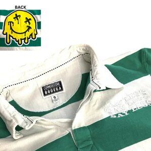 Cornerstore Bodega ‘Say Less’ Smiley Face‎ Men’s Long Sleeve Green Striped Polo